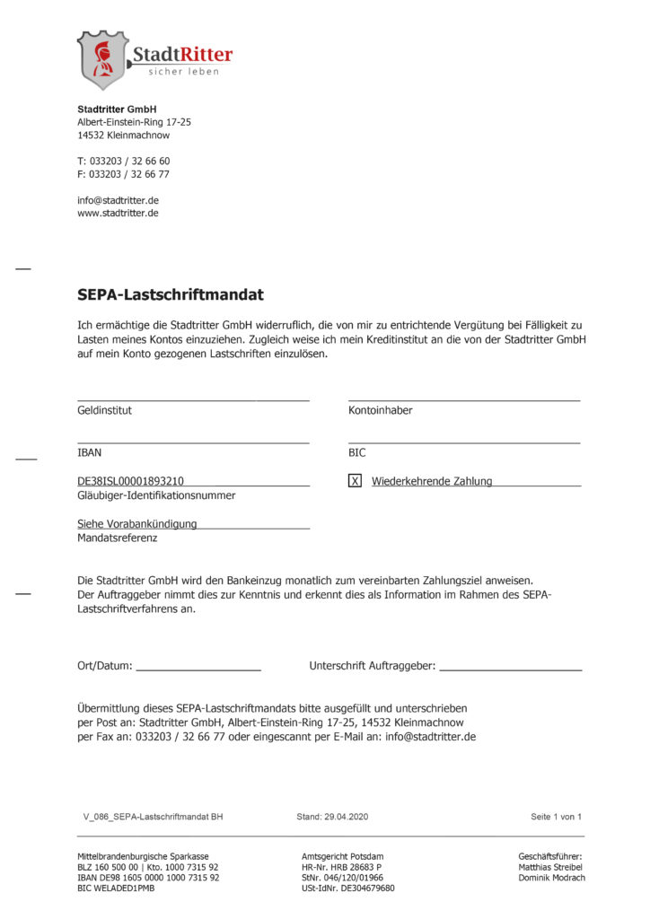 Stadtritter SEPA Lastschriftmandat BH 2020 04 29 - Stadtritter