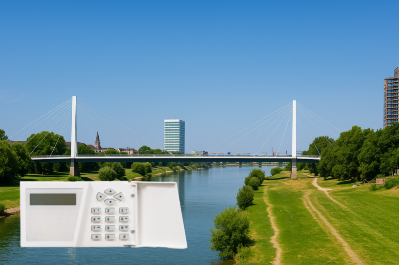 Große Brücke in Mannheim. Davor sieht man eine Schaltfläche einer Alarmanlage