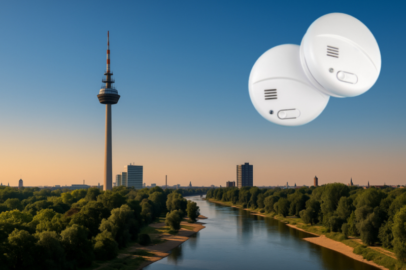 Fernmeldeturm in Mannheim bei Sonnenuntergang. Oben rechts sieht man die Rauhwarnmelder der Stadtritter GmbH