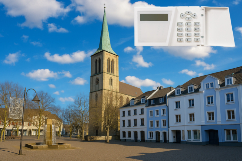 der Marktplatz in Viersen, rechts oben sieht man ein Beispiel für eine Alarmanlage der Stadtritter GmbH