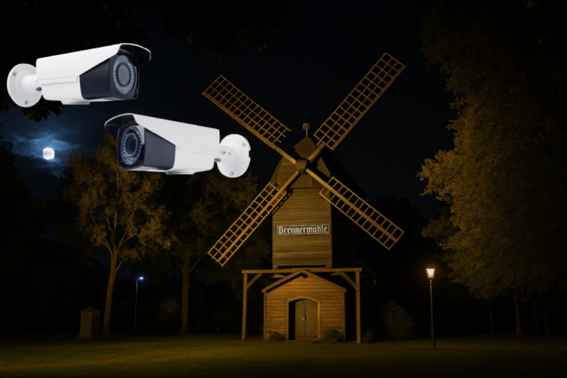 eine Windmühle bei Nacht in Viersen, oben rechts sieht man die Videoüberwachungs-Kameras der Stadtritter GmbH