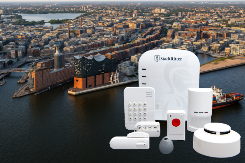 Sicherheitstechnik Hamburg Hafen mit der Elbphilharmonie von oben -und Sicherheitstechnik von Stadtritter