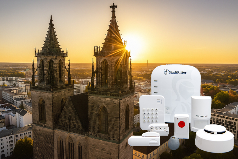 Sicherheitstechnik in Magdeburg - Blick auf den Dom mit Sonnenuntergang