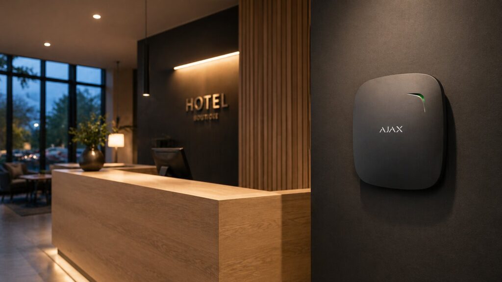 Ajax FireProtect Funkmelder schwarz an dunkler Akzentwand in einem modernen Boutique-Hotel-Foyer