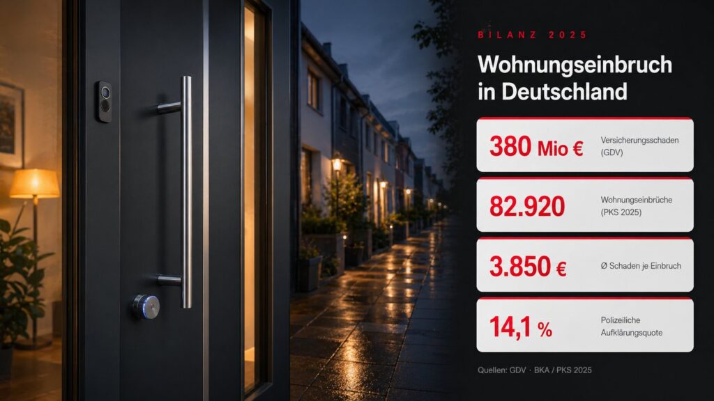 Wohnungseinbruch 2025 – GDV-Schadenbilanz mit 380 Mio. Euro Schaden, 82.920 Einbrüchen und 14,1 % Aufklärungsquote
