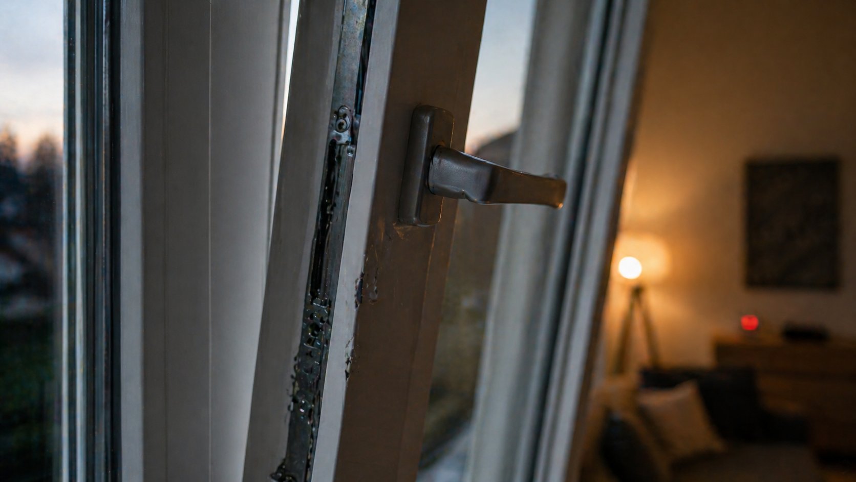 Wohnungseinbrüche 2025: 380 Mio. € Schaden, GDV-Bilanz & wirksamer Schutz 4 Aufgehebeltes Fenster mit Hebelmarken am Beschlag, häufigste Einbruchsmethode laut KFN