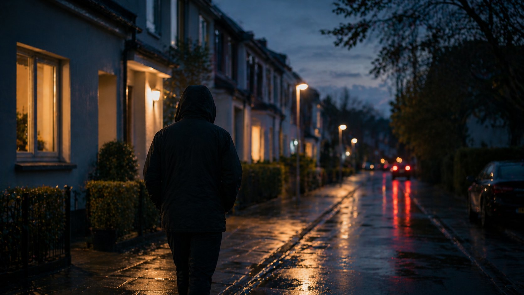 Wohnungseinbrüche 2025: 380 Mio. € Schaden, GDV-Bilanz & wirksamer Schutz 2 Anonyme Silhouette eines Einbrechers in einer regennassen Wohnstraße bei Dämmerung