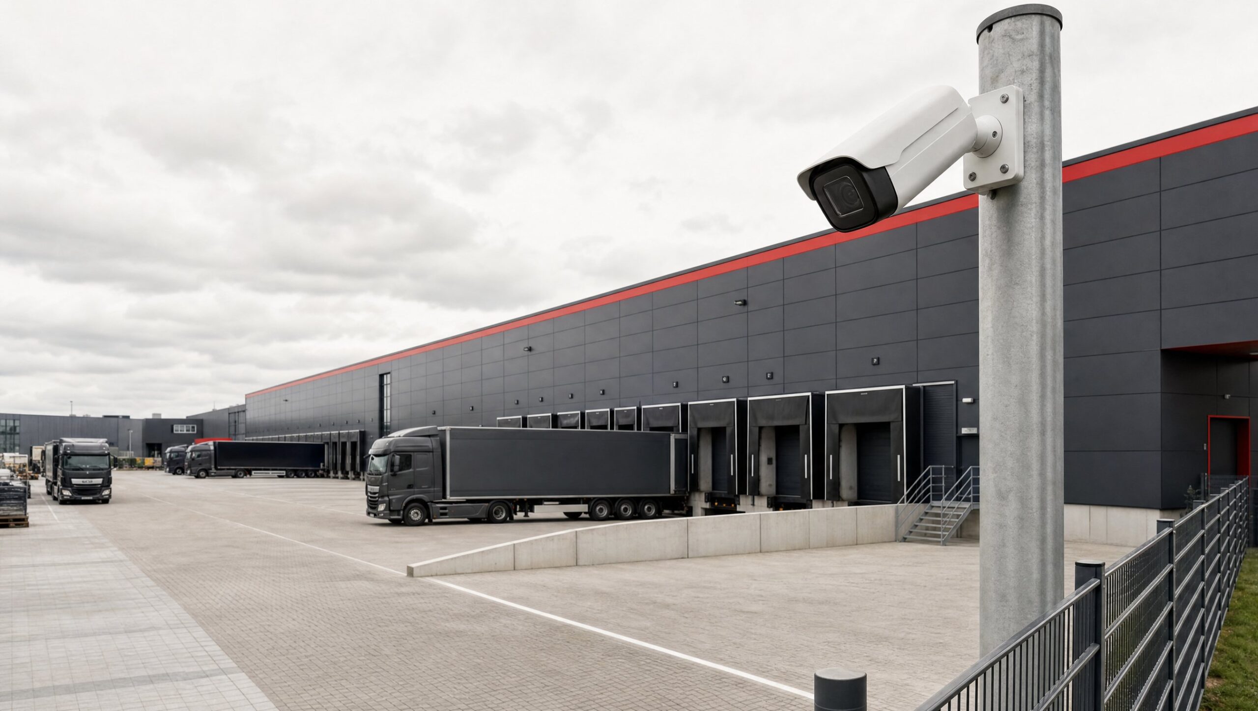 Videoüberwachung für Logistik und Transport Überwachungskamera am Mast über einem Logistikhof mit Laderampen und Lkw