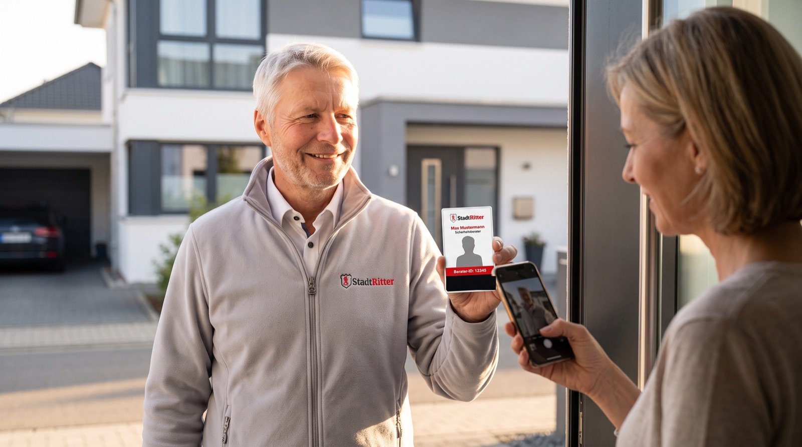 Stadtritter Erfahrungen & Kosten 1 Stadtritter-Berater zeigt Dienstausweis mit QR-Code an der Haustür, Kunde prüft ihn per Smartphone